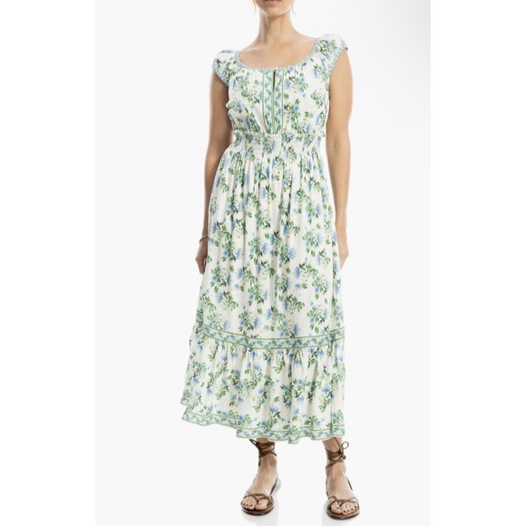 Max Studio Dress Womens Small‎ Blue Floral Smocked Waist Ruffle Hem Boho Midi - Picture 12 of 12